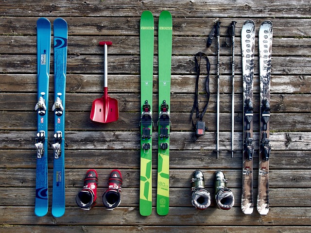 Sorted winter and skiing equipment.